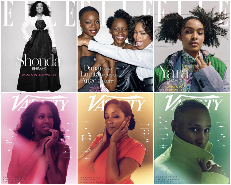 Clockwise from top left: Shonda Rhimes, (l-r) Danai Gurira, Lupita Nyong’o and Angela Bassett, Yara Shahidi, all on Nov. Elle; Lena Waithe, Tiffany Haddish and Regina King on Variety Magazine.